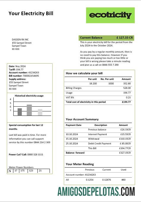 Para baixar modelo de conta de serviços públicos de eletricidade ecotricidade do Reino Unido em formatos Word e PDF